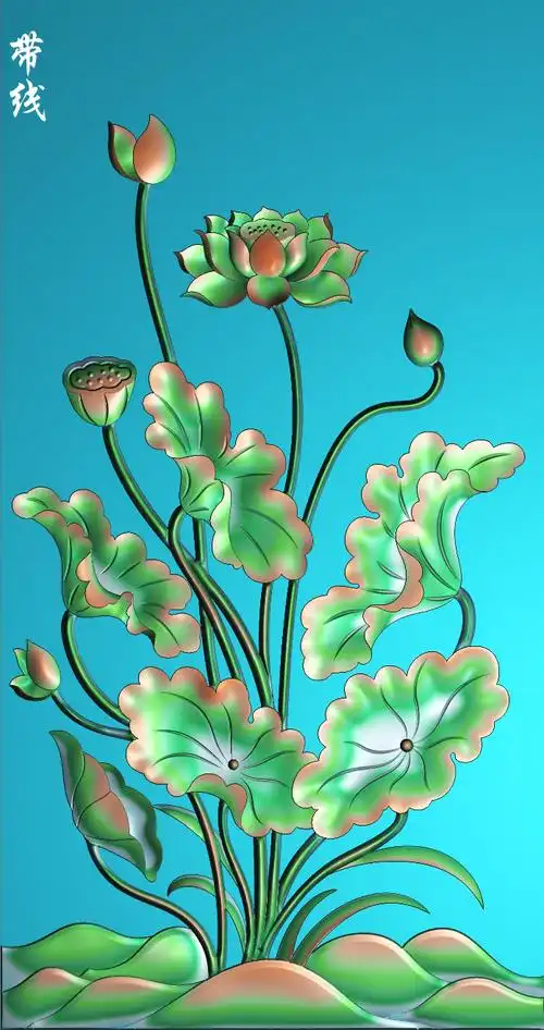 a精雕图荷花竖版屏风靠背门板荷叶浮雕图灰度图木雕砂岩石雕刻图