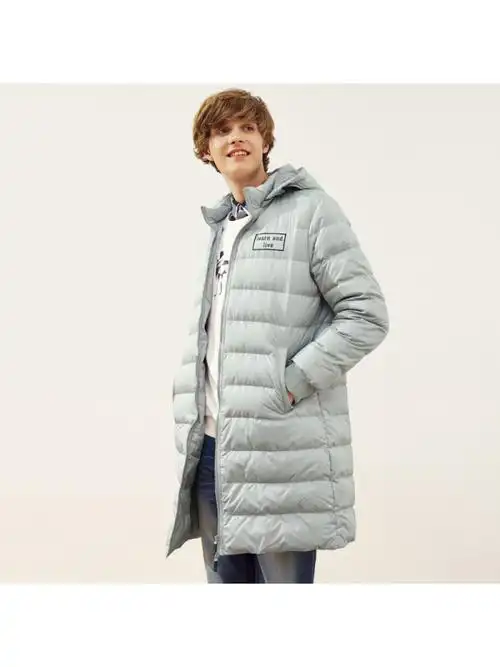 a21以纯线上品牌2017秋冬新品中长款连帽羽绒服男印花青年修身外套