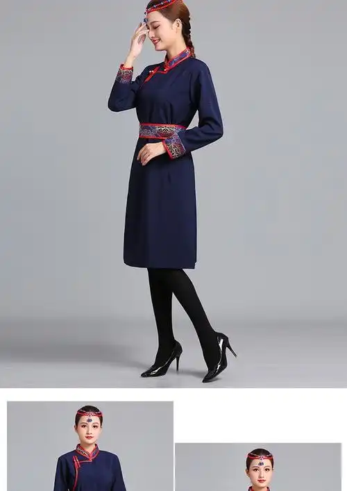 蒙古族服装女装女式蒙古袍连衣裙长袖蒙餐服务员工服舞蹈演出民族服装