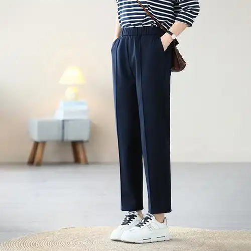 铜扣记文艺松紧秋季弹力韩版显宽松罗马布休闲裤裤女休闲裤