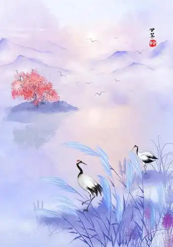 古风小景-镜湖仙鹤