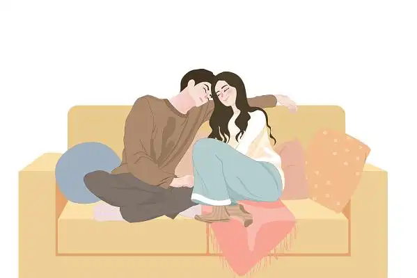 卡通手绘浪漫情侣沙发相拥插画素材