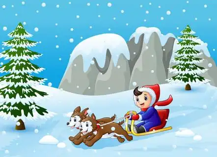 卡通男孩骑雪橇在下坡两狗拉的矢量插图