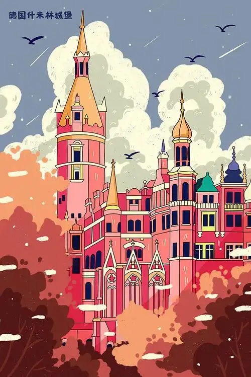 中式城市建筑古典国潮宫廷古楼埃及城堡插画手绘漫画psd海报素材