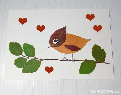 适合幼儿园孩子学习的简单叶贴画教程,叶贴小鸟