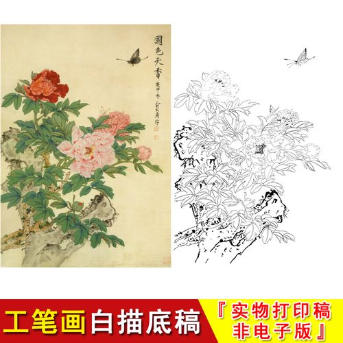 俞致贞工笔画白描花鸟牡丹国色天香起稿线描素材实物打印底稿hv02