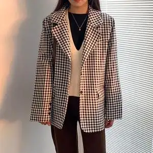 小屈lesp黑白格子西装外套女春秋设计感众宽松个子西服上衣春黑哥