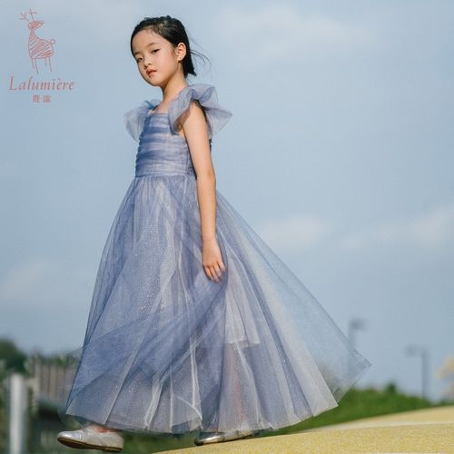 la lumière鹿谧蓝色蝴蝶袖艾莎公主裙女孩生日演出比赛礼服裙