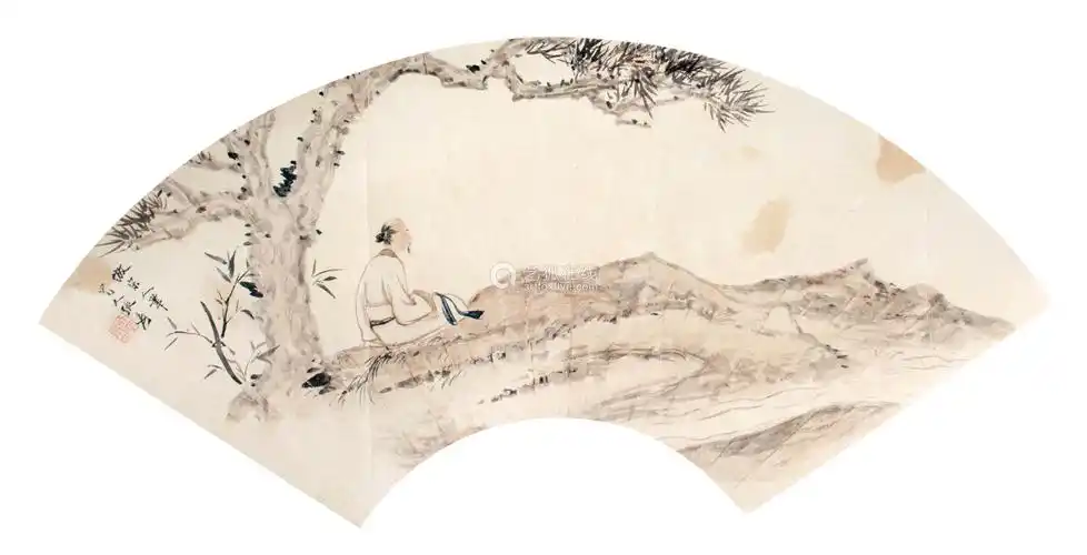 张大千松下高士扇面