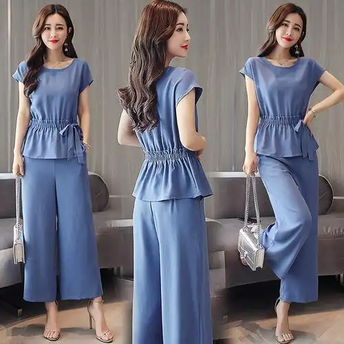 2018夏装新款韩版修身时尚洋气七分裤套装圆领女气质阔腿裤两件套