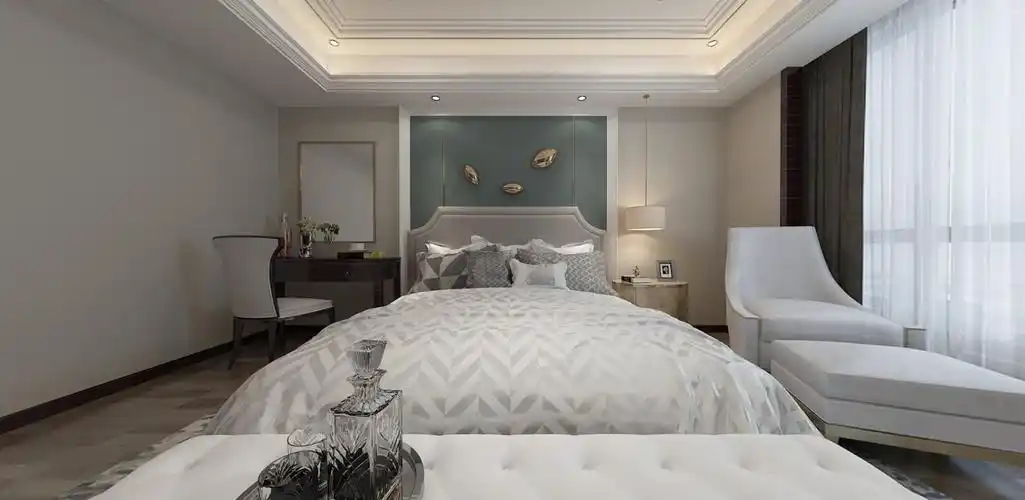 的设计既现代也不失整体的中式韵味,将天花板设置成矩形的内凹沟槽