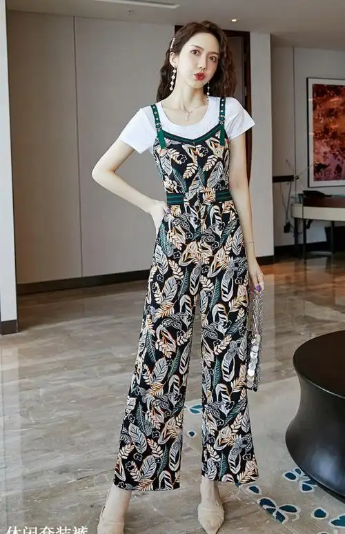 雪纺连体裤女碎花雪纺吊带碎花阔腿连体裤女2021春夏季韩版高腰气质