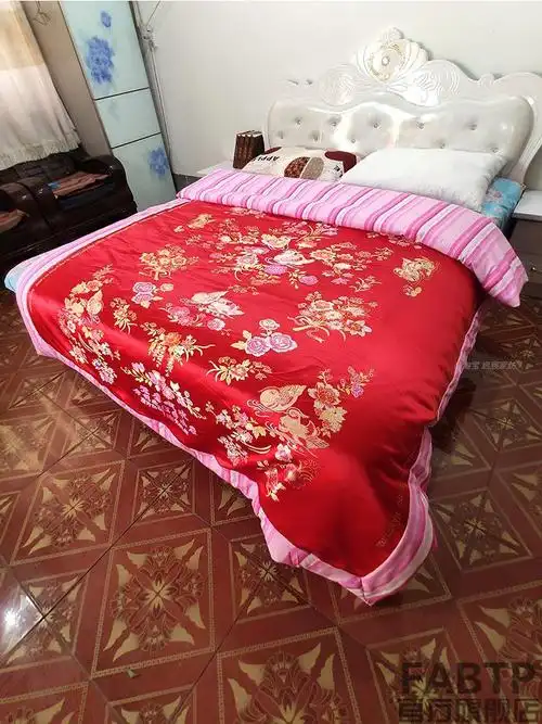 老式传统结婚喜被老式包边绸缎被子结婚红绿婚被传统手工喜被龙凤条纹