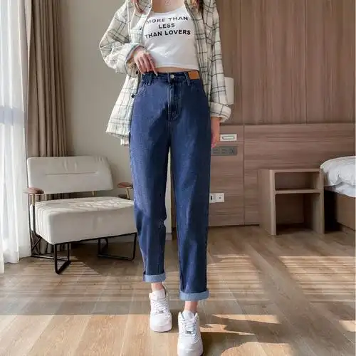 唐狮牛仔哈伦裤女宽松休闲高腰宽松哈伦裤萝卜裤老爹裤哈伦牛仔长裤女
