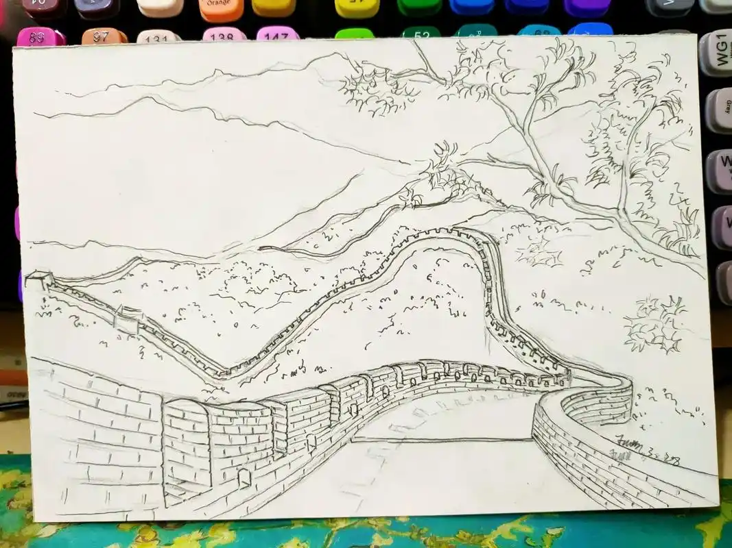 马克笔风景画万里长城线稿