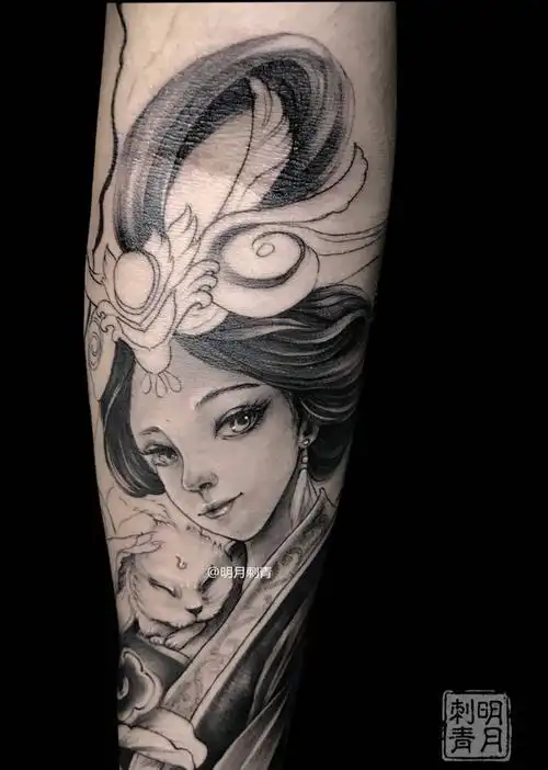 嫦娥纹身图片_腹部手臂新传统嫦娥艺妓汉美人纹身图案