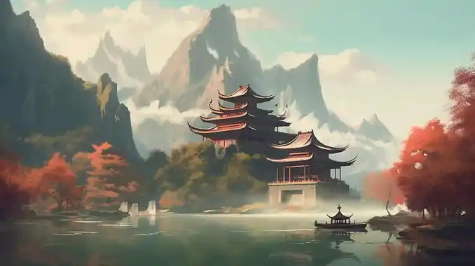 中国风宏大如仙境般的山川云雾湖泊亭阁插图唯美古风动漫复古游戏场景