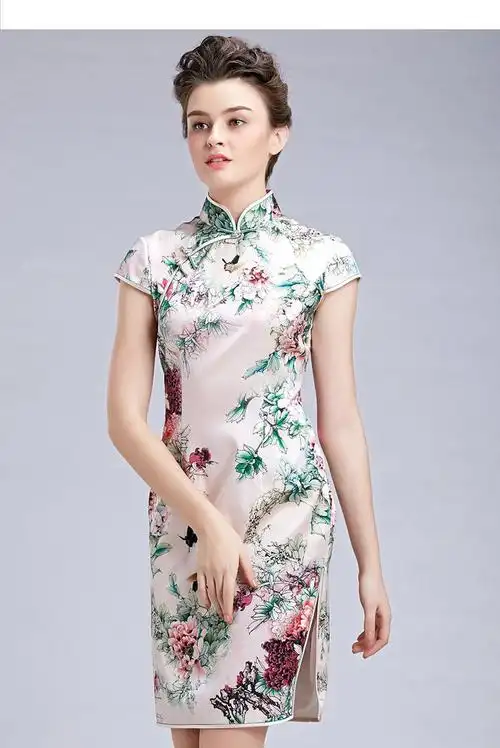 女款牡丹花印花真丝旗袍