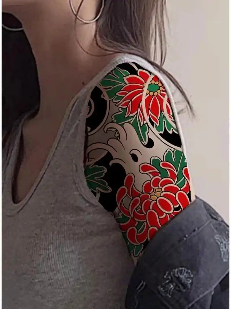 大臂菊花 半甲菊花纹身手稿       半甲菊花纹身手稿素材