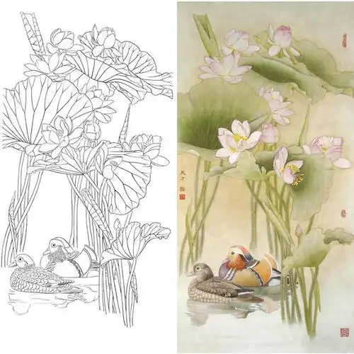 白描底稿-工笔竖幅四尺六尺花鸟-荷花鸳鸯-a056