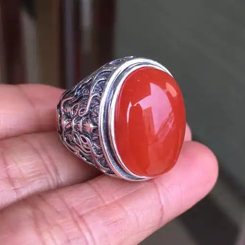 精品保山南红霸气男款戒指满色满肉柿子红无杂裂s925银镶嵌手饰