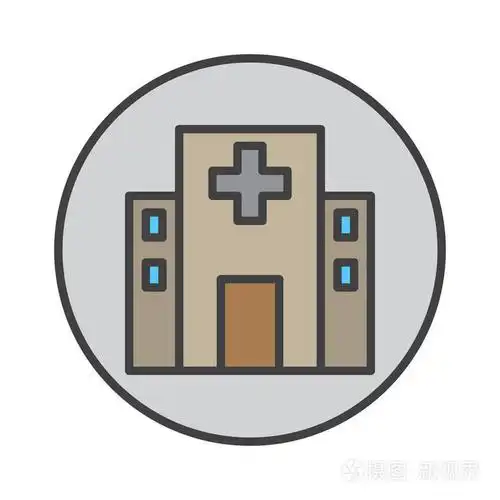 医院大楼填充轮廓图标圆形彩色矢量标志圆形平面象形符号标志插图