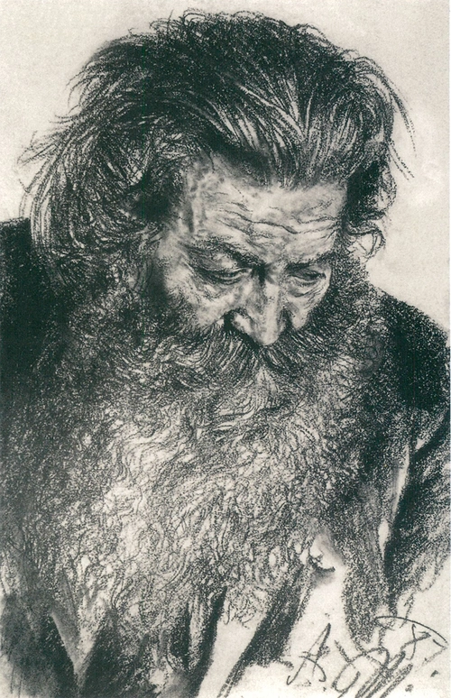 德国阿道夫 门采尔素描人物俯视的大胡子男人