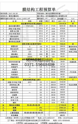 卓越案例某膜结构车棚的报价单这个车棚项目的膜展开面积约为510平米