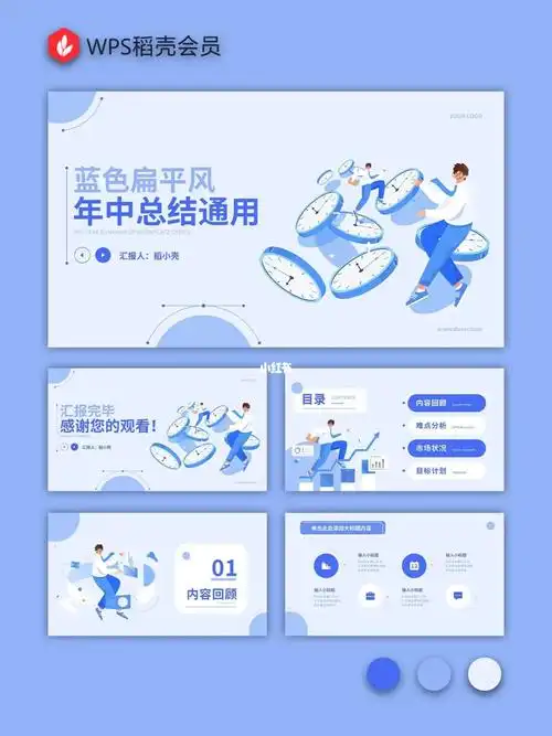78ppt模板丨静态蓝色 · 扁平风年中总结