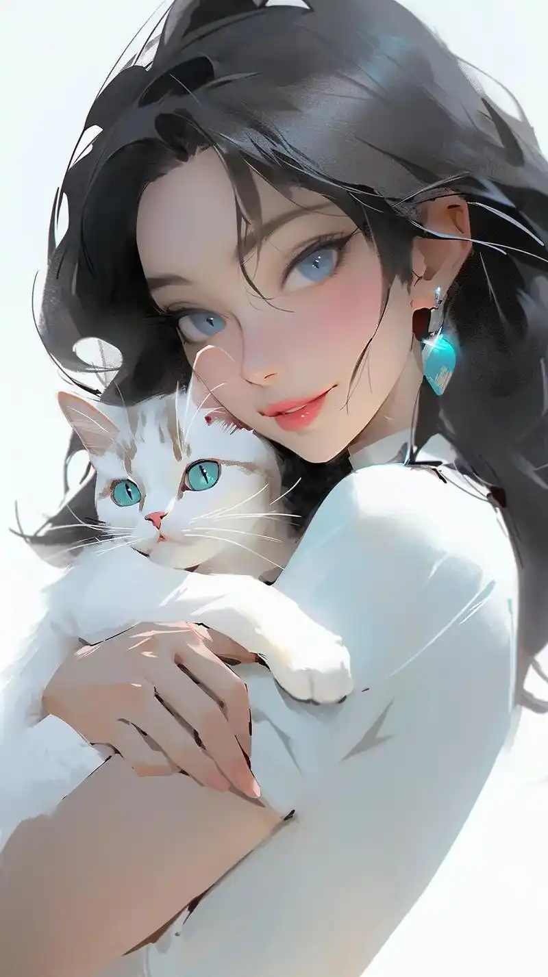猫和少女原创壁纸插画