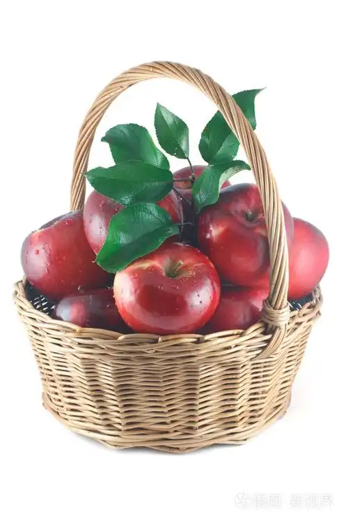 红苹果用柳条篮中的绿色叶子