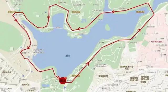 麓湖碑——麓湖路——白云山麓湖景区休息廊——星海园——麓湖公园