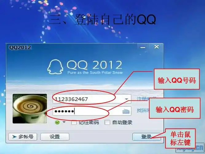 三,登陆自己的qq 输入qq号码 输入qq密码 单击鼠 标左键