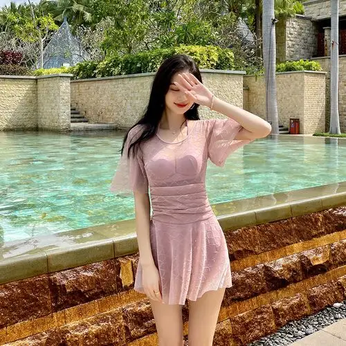 泳衣女夏遮肉性感露背亮线罩衫钢托聚拢比基尼抽褶遮肚显瘦微胖粉