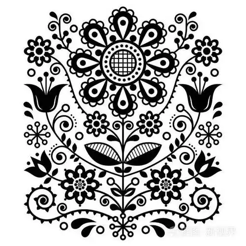 斯堪的纳维亚矢量民间艺术图案花卉复古装饰设计北欧风格黑白民族装饰