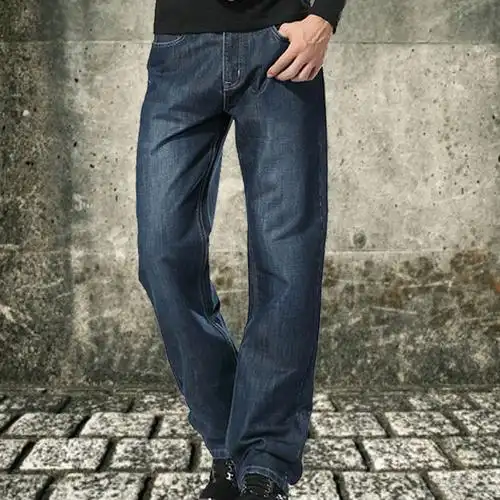 春夏加大码宽裤脚口男士直筒牛仔裤阔腿大脚腿粗宽松长裤商务休闲