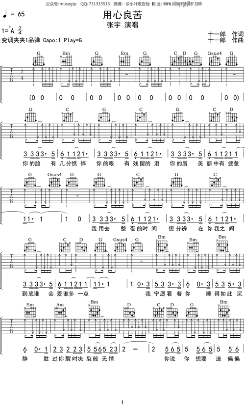 张宇用心良苦吉他谱g调吉他弹唱谱