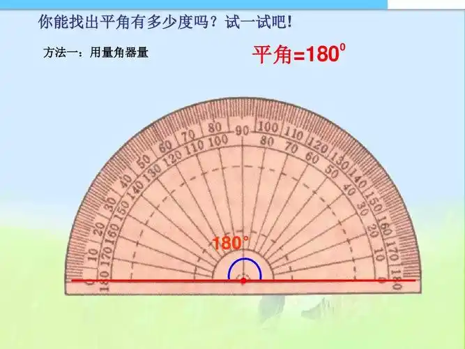 试一试吧! 方法一:用量角器量 平角=180   180°
