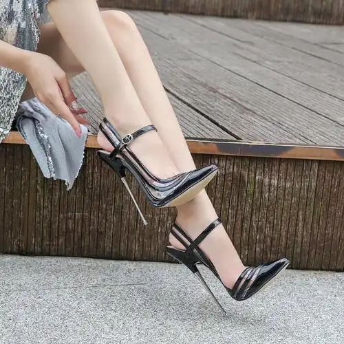 金属跟模特舞台走秀高跟鞋定制大码性感16cm腕带尖头拼色细带大码情趣