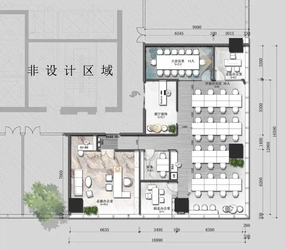 办公室设计|220平办公空间的极致布局方案 一稿通过的平面方案,在效果