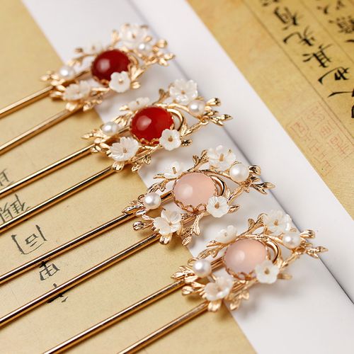 古风饰品女双双股发钗镶嵌玛瑙粉晶古代中式发饰