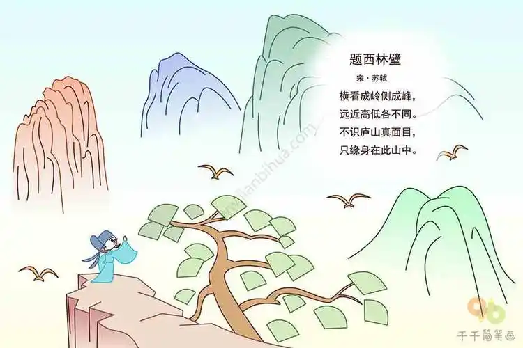 唐诗三百首题西林壁,题西林壁诗配图简笔画,儿童学古诗题西林壁,看图