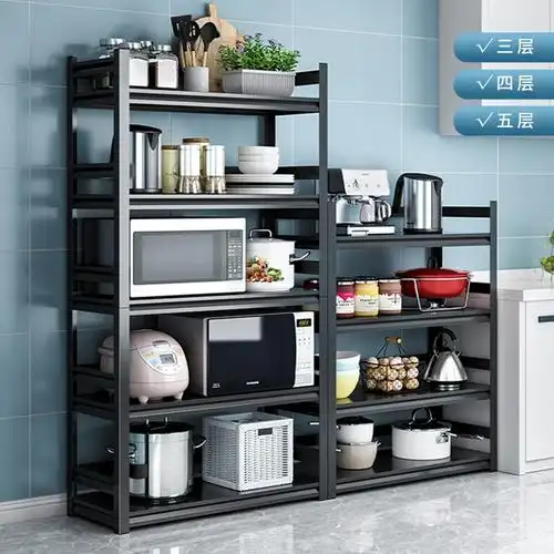 古达橱柜加厚厨房置物架落地式多层货架置物架三黑色收纳架微波炉架子