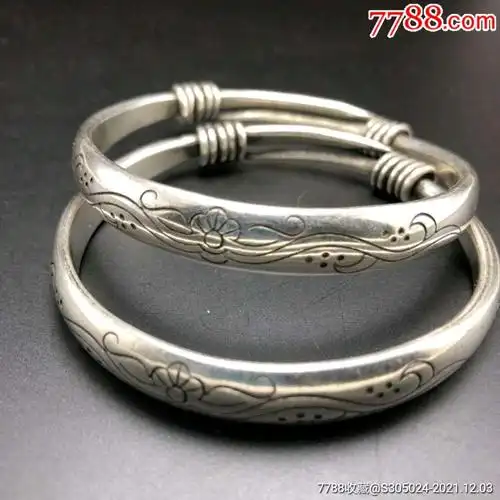 老银手镯双鱼民族风银饰925银老物件推拉银镯子女款一对