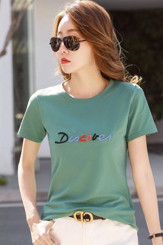 夏季新款潮t短袖t恤女士宽松棉上衣圆领套头绣花字母韩版学生女装