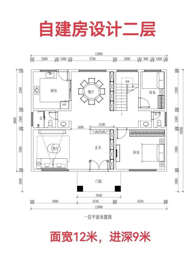 农村自建房设计二层,面宽12米,进深9米  农村自建房设计二层,面宽12米