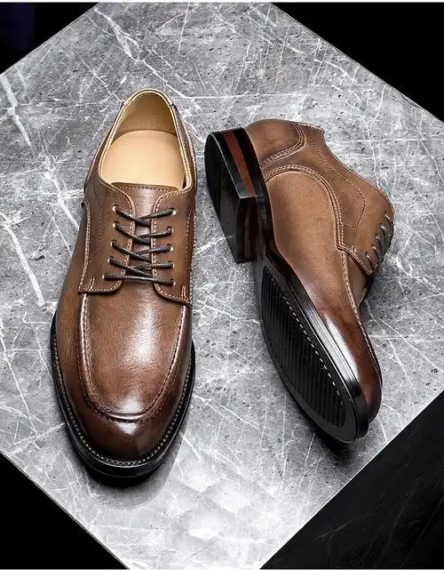 guderian 高端新郎休闲皮鞋男士商务正装德比鞋牛皮英伦风男鞋 棕色