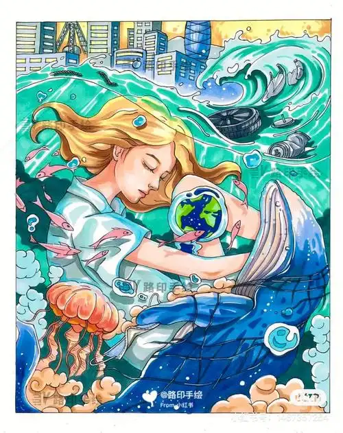 原创视传手绘海洋保护生态环保人与自然