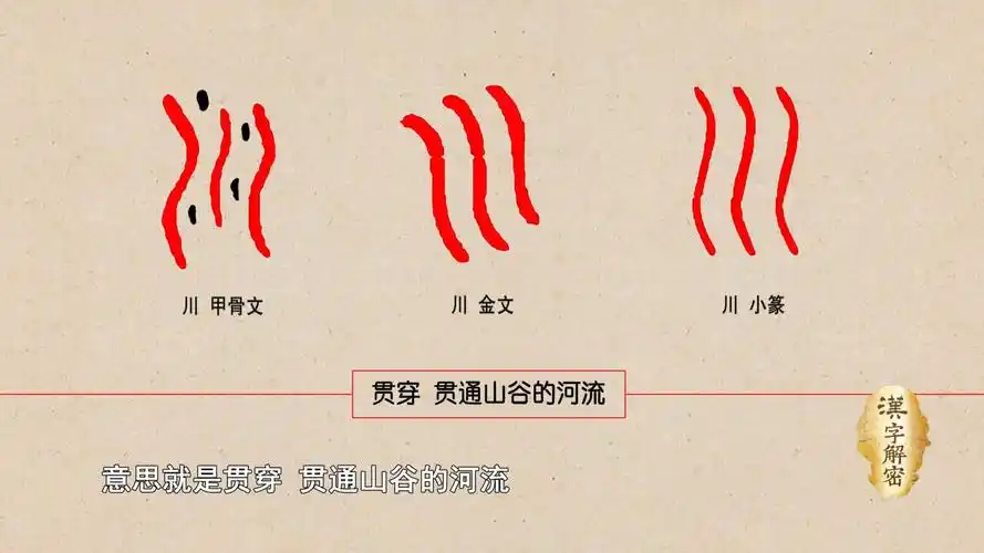 川是一个古老的汉字,从甲骨文直到小篆,都是三条弯曲的线条,像流水的