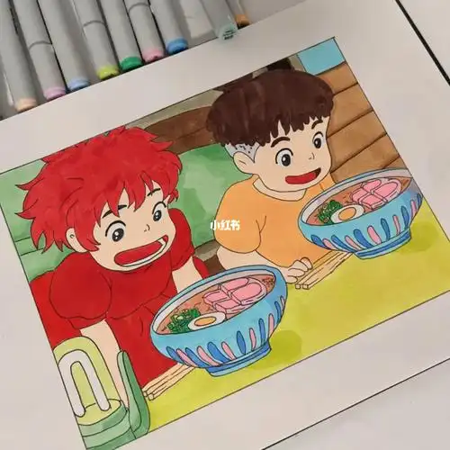 第28幅简笔画波妞宗介马克笔画